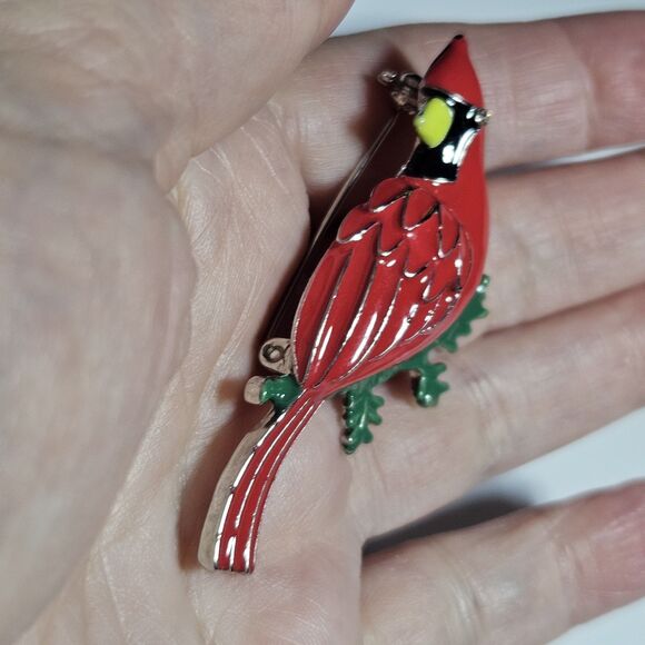 Silver Tone Cardinal Christmas Brooch Pin Red Green Enamel Clear Rhinestone Eye - Picture 3 of 10